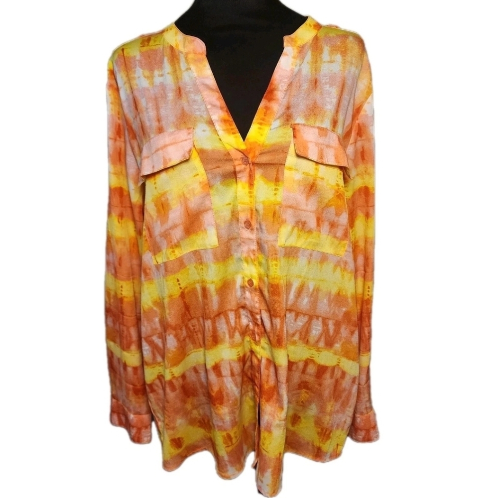 Calvin Klein Blouse Womens Sz L TieDye Long Roll Tab Sleeve Button Front Bright